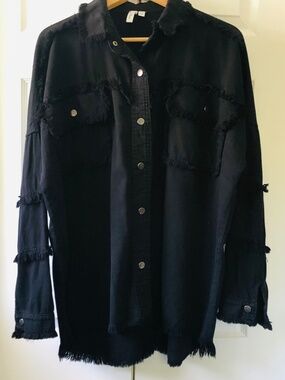 Elan Frayed Edge Black Oversized Shacket Utility Shirt Jacket Medium